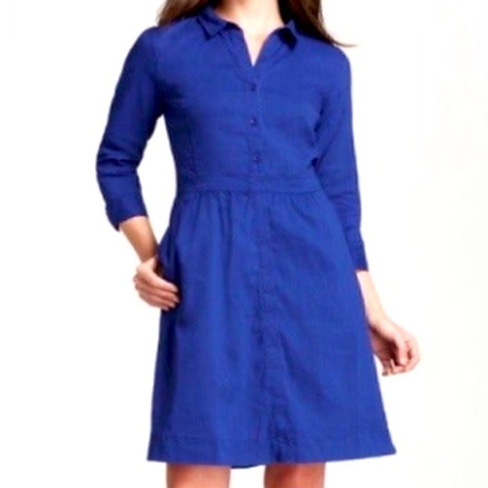 𝅺EILEEN Fisher Button Front Linen Shirt Dress Royal Blue PS